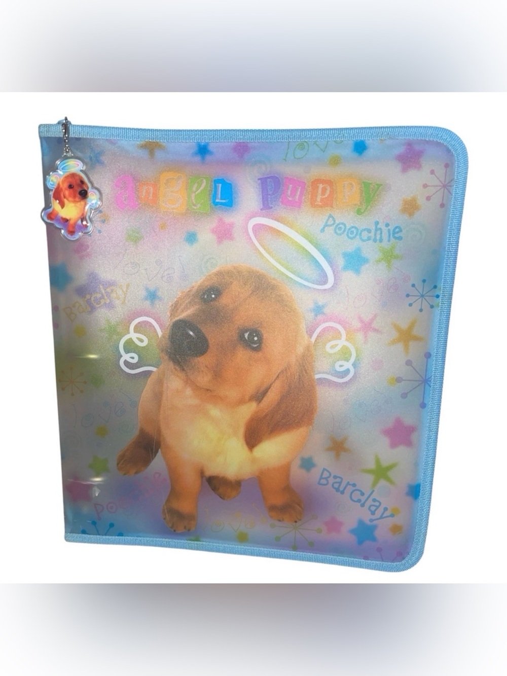 Rare Vintage Y2K  Lisa Frank Golden Retriever Puppy 3 Ring Zip Binder With Charm